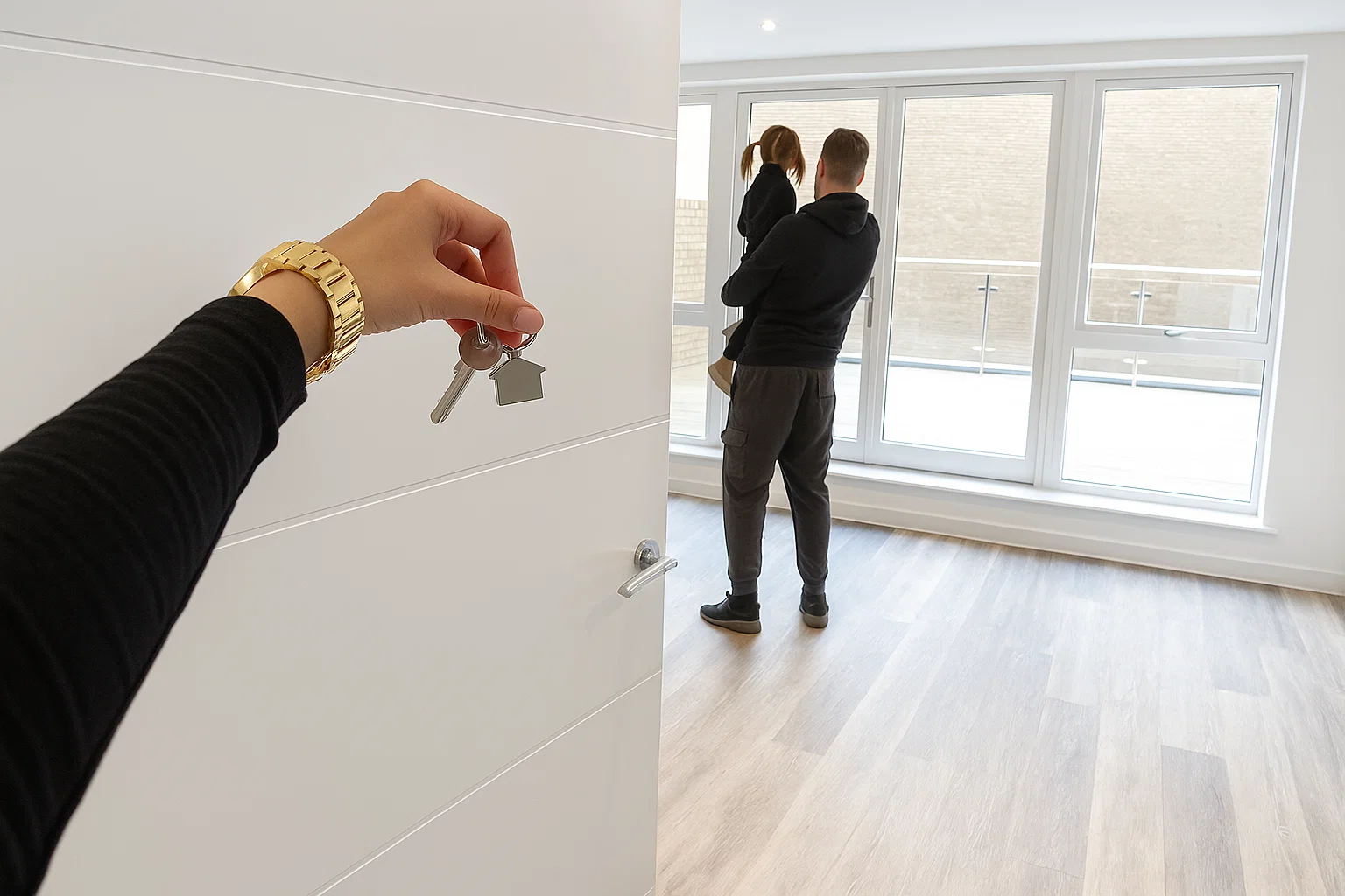 Casa moderna pareja e hijo representando la estabilidad financiera