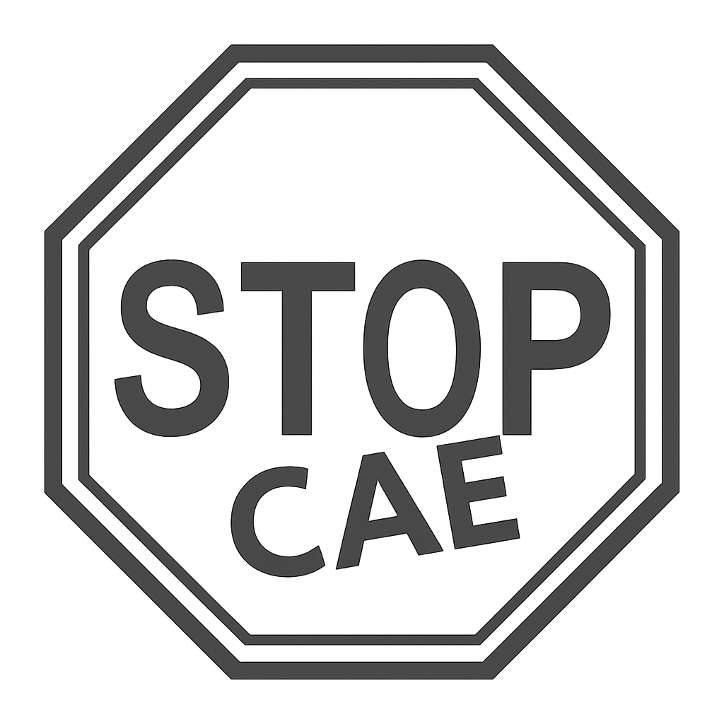 Stop CAE logo featuring bold red and black text with a stylized legal scale symbol, conveying professionalism and determination; the logo is set against a clean white background, evoking trust and support for students facing debt